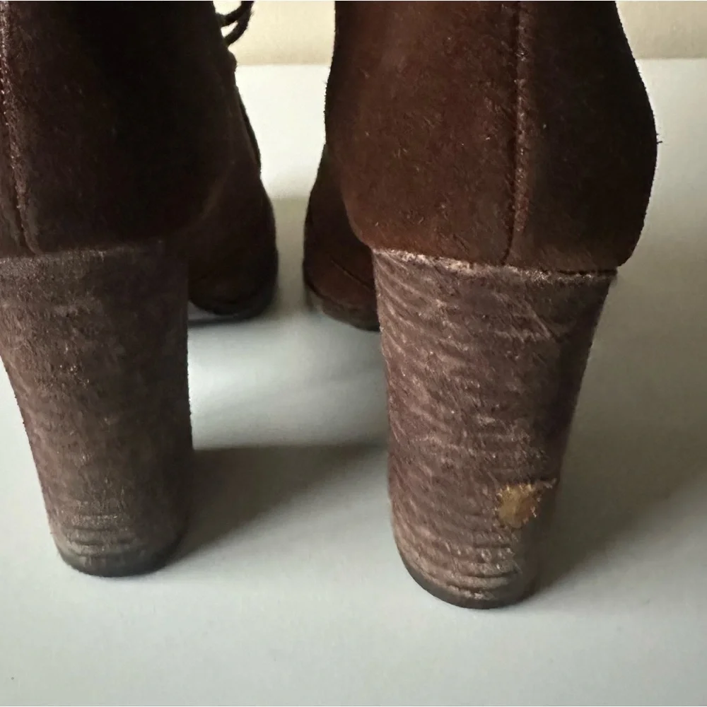 Frye Parker Moc Brown Suede Leather Bootie Rawhide Laces High Heel 8 - Picture 7 of 7